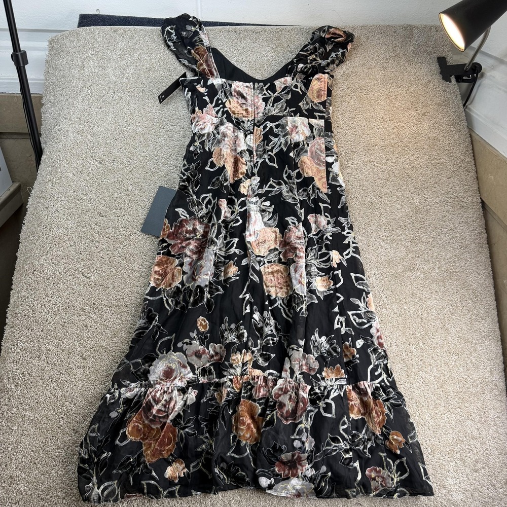 Lulus Dress Womens L Black Floral Velvet Scoop Neck Ruffle Maxi Party Wedding - Picture 5 of 9